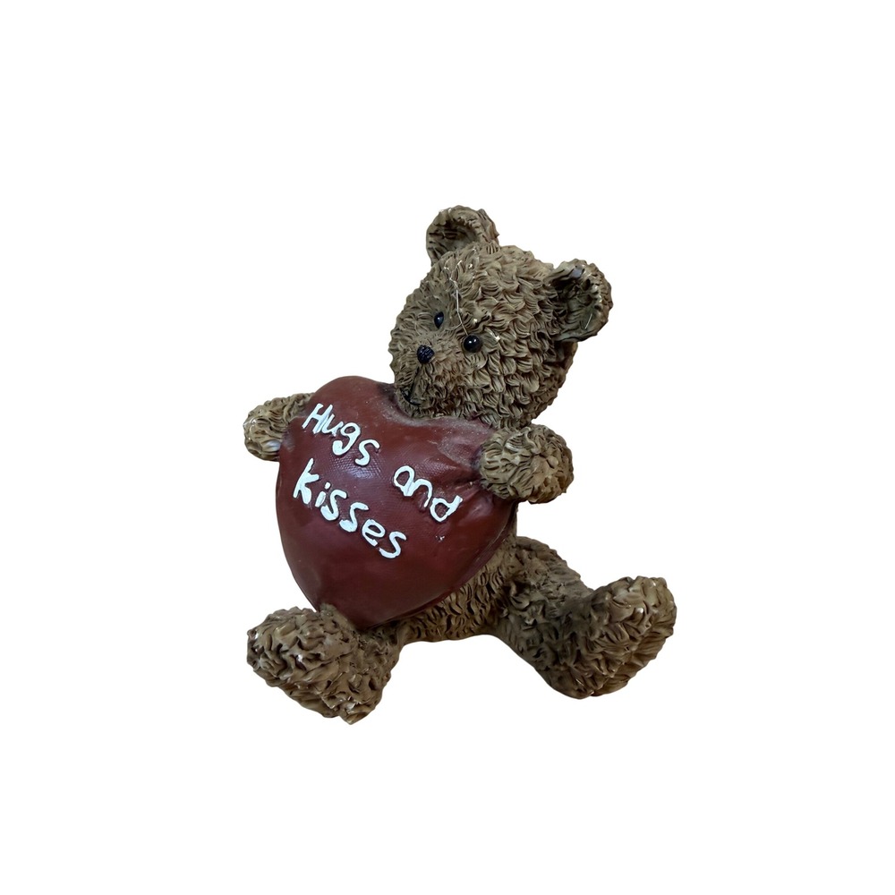 Hugs and Kisses Teddy Bear Resin Figurine Brown Shaggy Bear Heart Decor